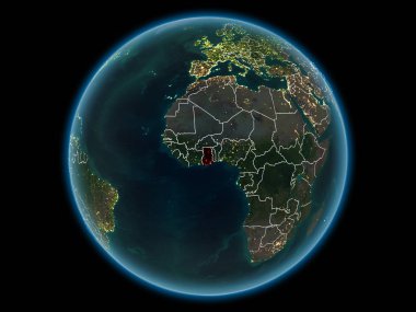 Gana kırmızı görünür ülke sınırları ve şehir ışıkları gece uzaydan. 3D çizim. Nasa tarafından döşenmiş bu görüntü unsurları.