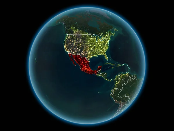 Mexico in red with visible country borders and city lights from space at night. 3D illustration. Elements of this image furnished by NASA.