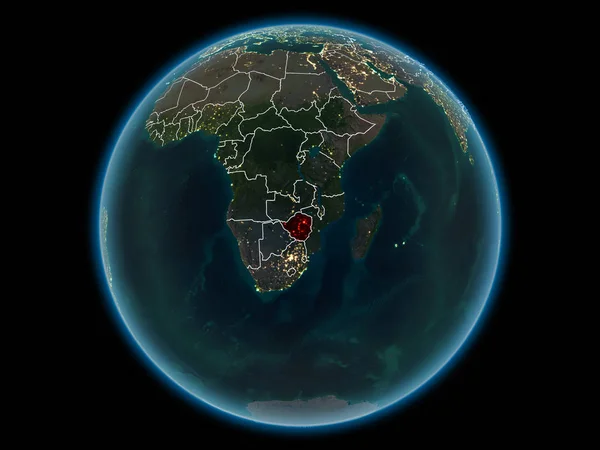 Zimbabwe in red with visible country borders and city lights from space at night. 3D illustration. Elements of this image furnished by NASA.