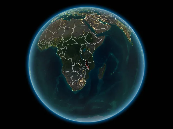 Malawi in red with visible country borders and city lights from space at night. 3D illustration. Elements of this image furnished by NASA.