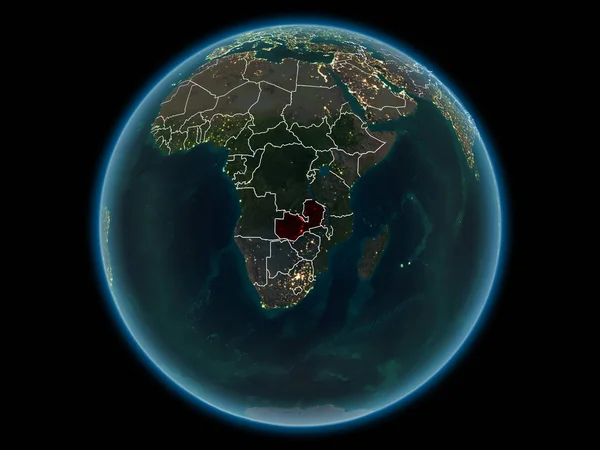 Zambia in red with visible country borders and city lights from space at night. 3D illustration. Elements of this image furnished by NASA.