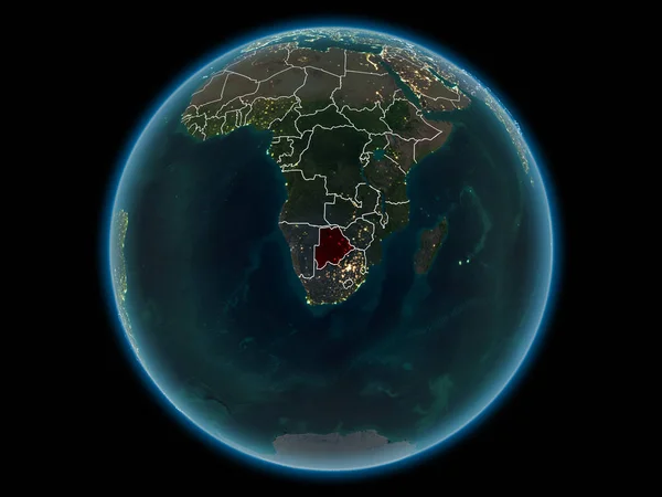 Botswana in red with visible country borders and city lights from space at night. 3D illustration. Elements of this image furnished by NASA.