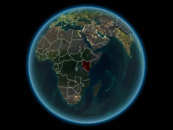 Kenya in red with visible country borders and city lights from space at night. 3D illustration. Elements of this image furnished by NASA.