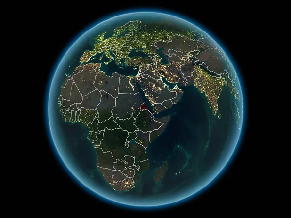 Eritrea in red with visible country borders and city lights from space at night. 3D illustration. Elements of this image furnished by NASA.