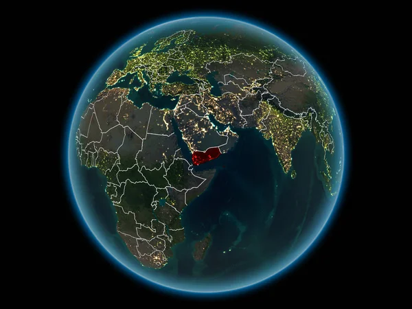 Yemen in red with visible country borders and city lights from space at night. 3D illustration. Elements of this image furnished by NASA.