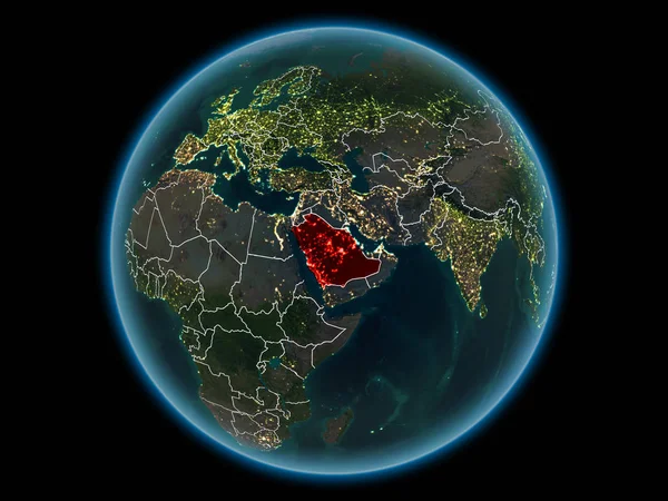 Saudi Arabia in red with visible country borders and city lights from space at night. 3D illustration. Elements of this image furnished by NASA.