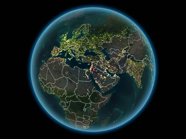 Jordan in red with visible country borders and city lights from space at night. 3D illustration. Elements of this image furnished by NASA.
