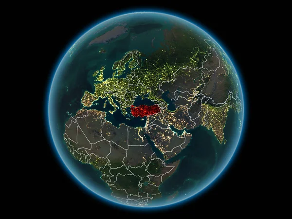 Turkey in red with visible country borders and city lights from space at night. 3D illustration. Elements of this image furnished by NASA.