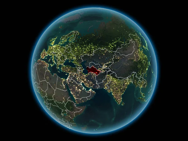 Turkmenistan in red with visible country borders and city lights from space at night. 3D illustration. Elements of this image furnished by NASA.