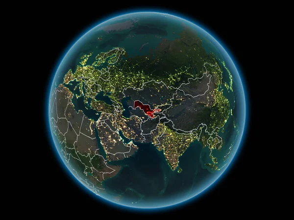Uzbekistan in red with visible country borders and city lights from space at night. 3D illustration. Elements of this image furnished by NASA.