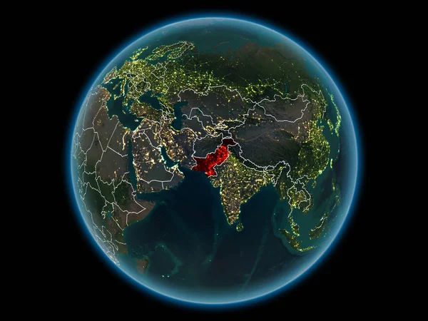 Pakistan in red with visible country borders and city lights from space at night. 3D illustration. Elements of this image furnished by NASA.