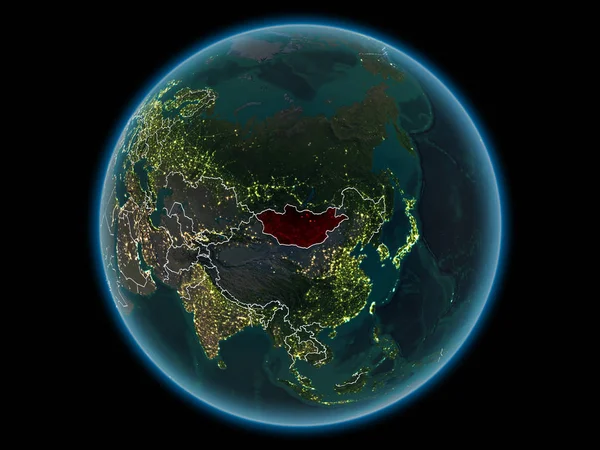 Mongolia Czerwono Granic Kraju Widoczne Światła Miasta Kosmosu Nocy Ilustracja — Zdjęcie stockowe