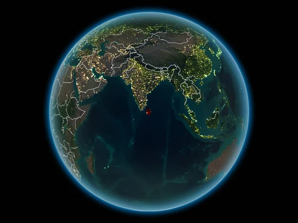 斯里兰卡以红色与可见的国家边界和城市灯光从空间夜间 Nasa 提供的这个图像的元素 — 图库照片