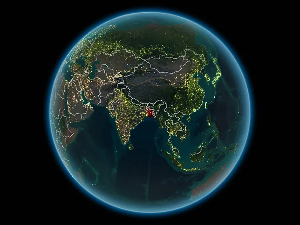Bangladesh in red with visible country borders and city lights from space at night. 3D illustration. Elements of this image furnished by NASA.