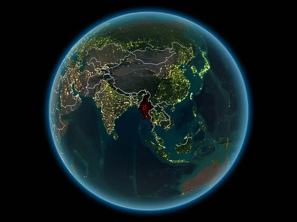 Myanmar in red with visible country borders and city lights from space at night. 3D illustration. Elements of this image furnished by NASA.