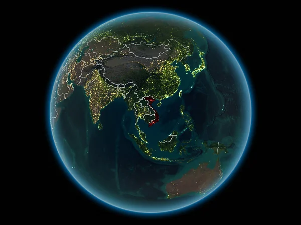 Vietnam in red with visible country borders and city lights from space at night. 3D illustration. Elements of this image furnished by NASA.