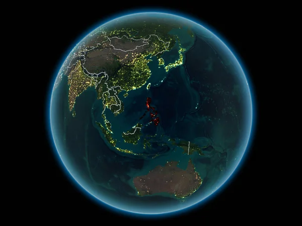 Philippines in red with visible country borders and city lights from space at night. 3D illustration. Elements of this image furnished by NASA.