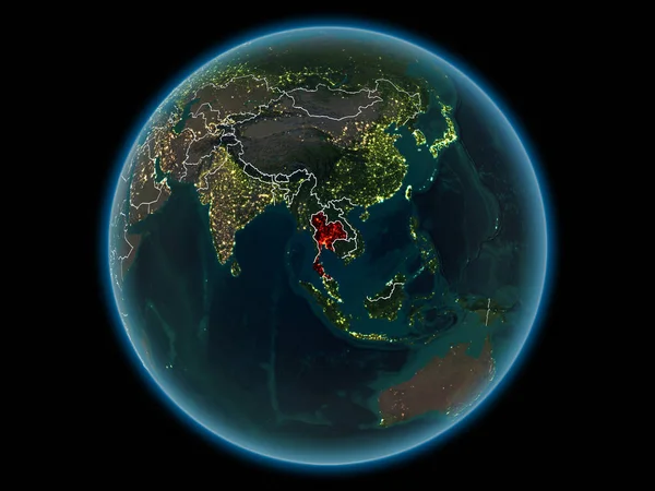 Thailand in red with visible country borders and city lights from space at night. 3D illustration. Elements of this image furnished by NASA.