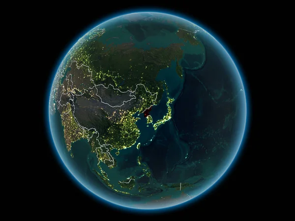 North Korea in red with visible country borders and city lights from space at night. 3D illustration. Elements of this image furnished by NASA.