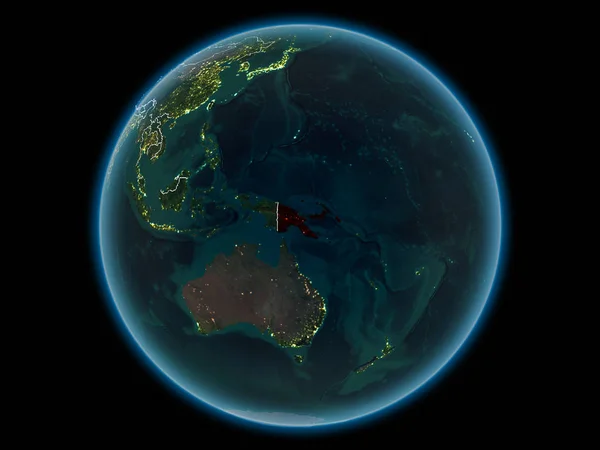 Papua New Guinea in red with visible country borders and city lights from space at night. 3D illustration. Elements of this image furnished by NASA.