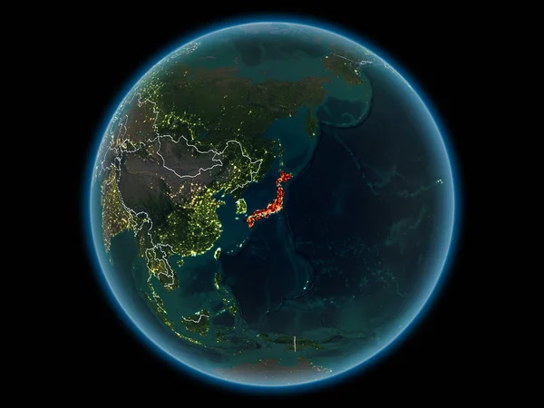 Japan in red with visible country borders and city lights from space at night. 3D illustration. Elements of this image furnished by NASA.