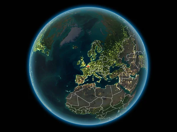België Rood Met Zichtbare Landsgrenzen Stadslichten Vanuit Ruimte Nachts Illustratie — Stockfoto