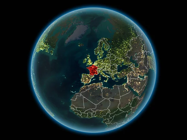 France in red with visible country borders and city lights from space at night. 3D illustration. Elements of this image furnished by NASA.