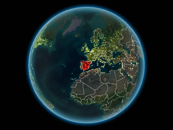 España Rojo Con Fronteras Campo Visibles Luces Ciudad Desde Espacio — Foto de Stock