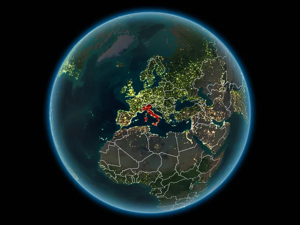 Italia Rojo Con Fronteras Campo Visibles Luces Ciudad Desde Espacio —  Fotos de Stock