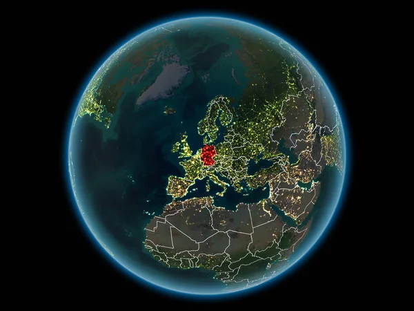 德国在红色与可看见的国家边界和城市光从空间在晚上 Nasa 提供的这幅图像的元素 — 图库照片