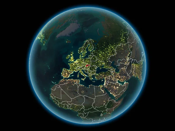 Slovakia in red with visible country borders and city lights from space at night. 3D illustration. Elements of this image furnished by NASA.