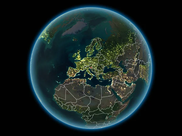 Slovenia in red with visible country borders and city lights from space at night. 3D illustration. Elements of this image furnished by NASA.