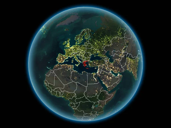 Grekland Rött Med Synliga Landsgränser Och Stadens Ljus Från Rymden — Stockfoto
