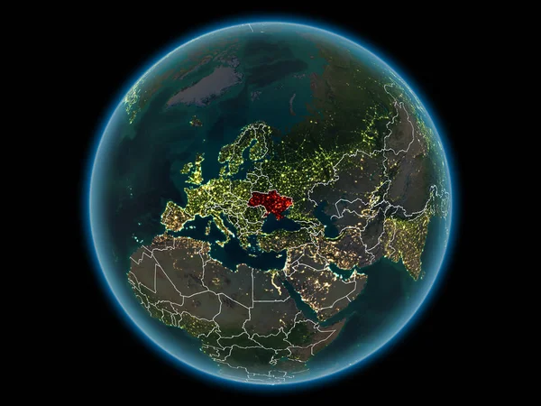 赤表示の国境と夜の空間から街の明かりでウクライナ イラスト Nasa から提供されたこのイメージの要素 — ストック写真