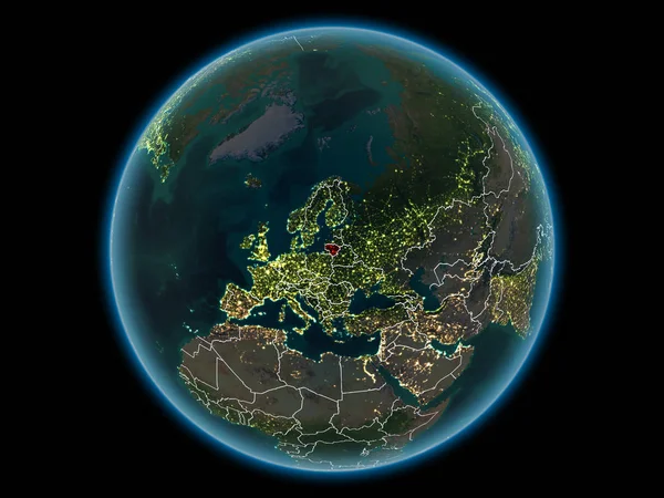 Lituania Rojo Con Fronteras Campo Visibles Luces Ciudad Desde Espacio —  Fotos de Stock