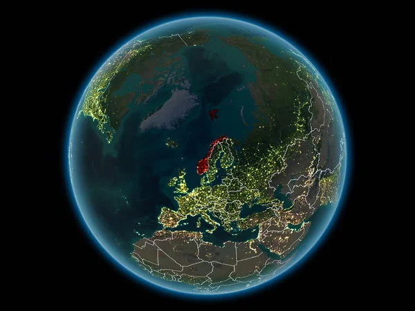 Noruega Vermelho Com Fronteiras País Visíveis Luzes Cidade Espaço Noite — Fotografia de Stock