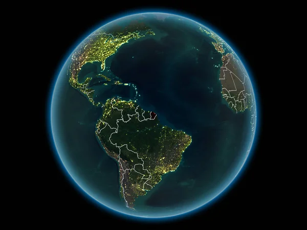 French Guiana in red with visible country borders and city lights from space at night. 3D illustration. Elements of this image furnished by NASA.