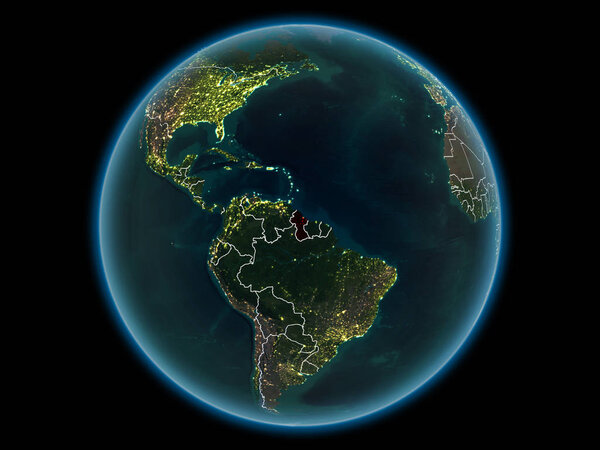 Guyana in red with visible country borders and city lights from space at night. 3D illustration. Elements of this image furnished by NASA.
