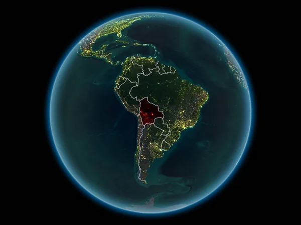 Bolivia in red with visible country borders and city lights from space at night. 3D illustration. Elements of this image furnished by NASA.