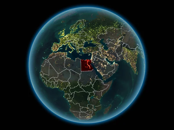 Mısır kırmızı görünür ülke sınırları ve şehir ışıkları gece uzaydan. 3D çizim. Nasa tarafından döşenmiş bu görüntü unsurları.