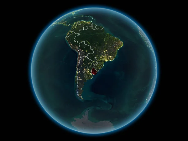 Uruguay in red with visible country borders and city lights from space at night. 3D illustration. Elements of this image furnished by NASA.