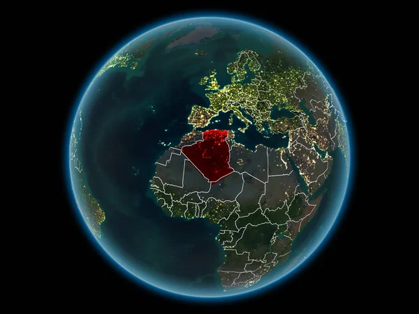 Kırmızı görünür ülke sınırları ve şehir ışıkları gece uzaydan Cezayir'de. 3D çizim. Nasa tarafından döşenmiş bu görüntü unsurları.