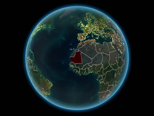 Moritanya kırmızı görünür ülke sınırları ve şehir ışıkları gece uzaydan. 3D çizim. Nasa tarafından döşenmiş bu görüntü unsurları.