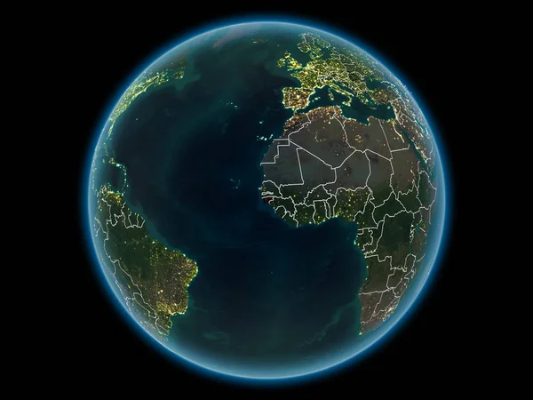 Gine-Bissau kırmızı görünür ülke sınırları ve şehir ışıkları gece uzaydan. 3D çizim. Nasa tarafından döşenmiş bu görüntü unsurları.
