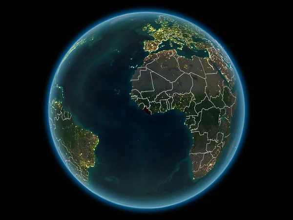 利比里亚在红色与有形的国家边界和城市光从空间在晚上 Nasa 提供的这个图像的元素 — 图库照片