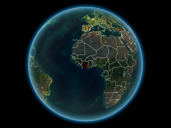 Fildişi Sahili kırmızı görünür ülke sınırları ve şehir ışıkları gece uzaydan. 3D çizim. Nasa tarafından döşenmiş bu görüntü unsurları.