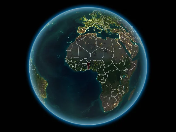 Benin kırmızı görünür ülke sınırları ve şehir ışıkları gece uzaydan. 3D çizim. Nasa tarafından döşenmiş bu görüntü unsurları.
