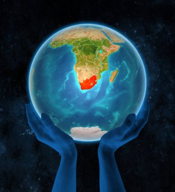Güney Afrika Planet Earth ile görünür ülke sınırları uzayda elinde. 3D çizim.