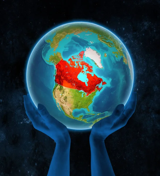 Canada on planet Earth with visible country borders in hands in space. 3D illustration.