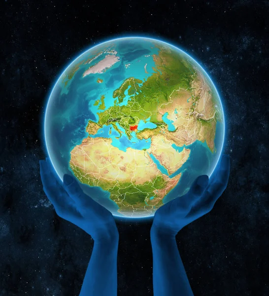 Bulgarije Planeet Aarde Met Zichtbare Landsgrenzen Handen Ruimte Illustratie — Stockfoto